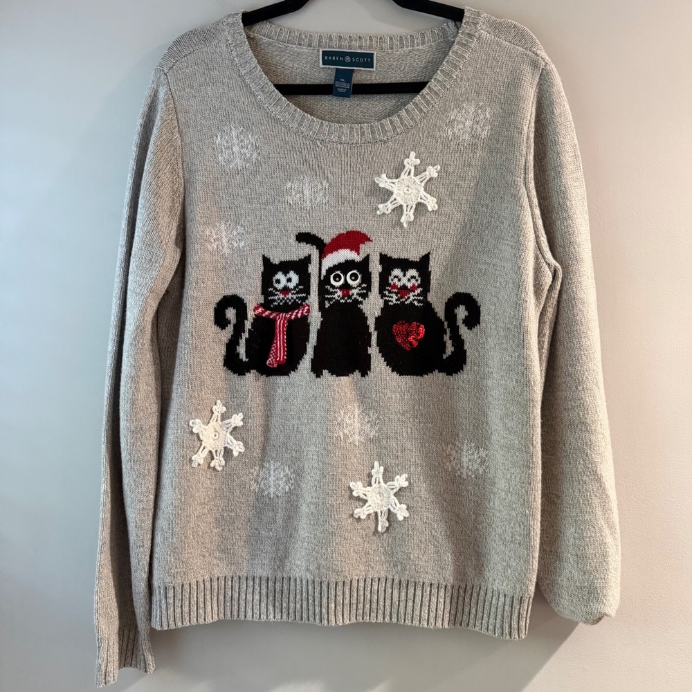 Karen Scott Sweater Womens XL Gray Excellent Christmas Cats Snowflake 3D Knit